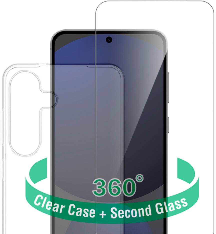 Smartphone-Displayschutzset mit transparentem Case und zweitem Glas, beschriftet mit „360°