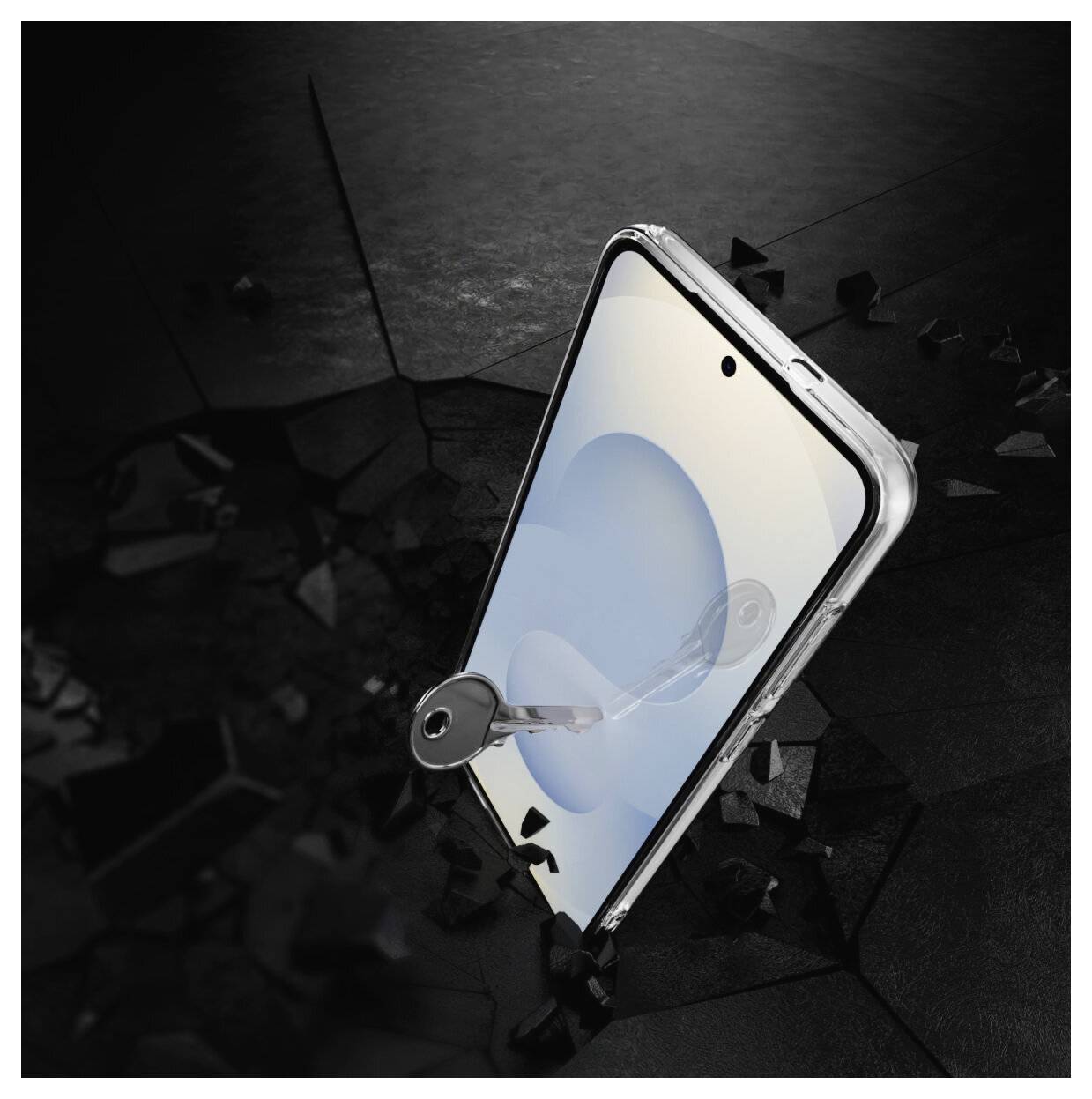 Smartphone mit einem Schlüssel, der in den Bildschirm eingeführt wird, symbolisiert das Entsperren des Telefons oder den Sicherheitszugriff vor einem dunkel gerissenen Hintergrund.