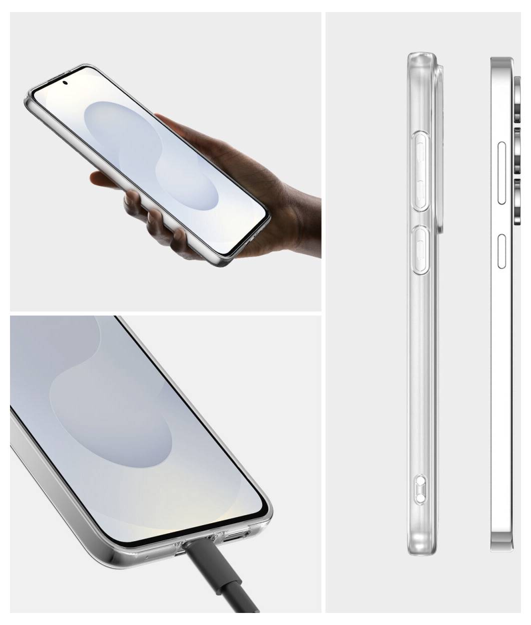 Drei Ansichten eines Smartphones in einer transparenten Schutzhülle, einschließlich einer Hand, die es hält, und eines Ladekabels, das in den unteren Anschluss eingesteckt ist.