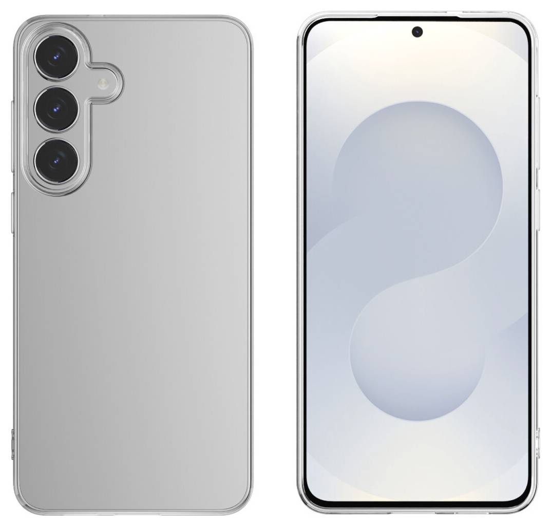 Silbernes Smartphone von vorne und hinten gezeigt, mit dreifacher Rückfahrtkamera und zentriertem Loch-Display.