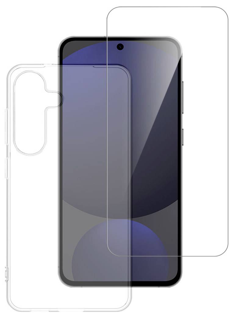 Smartphone von vorne gezeigt mit zwei überlagerten transparenten Schutzhüllen, die die Passung der Hülle und die Bildschirmabdeckung veranschaulichen.