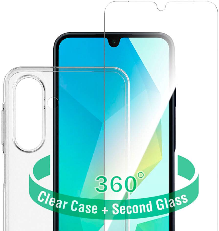 Smartphone mit einer transparenten Hülle und zwei Displayschutzfolien, mit der Bezeichnung „360° Clear Case + Second Glass