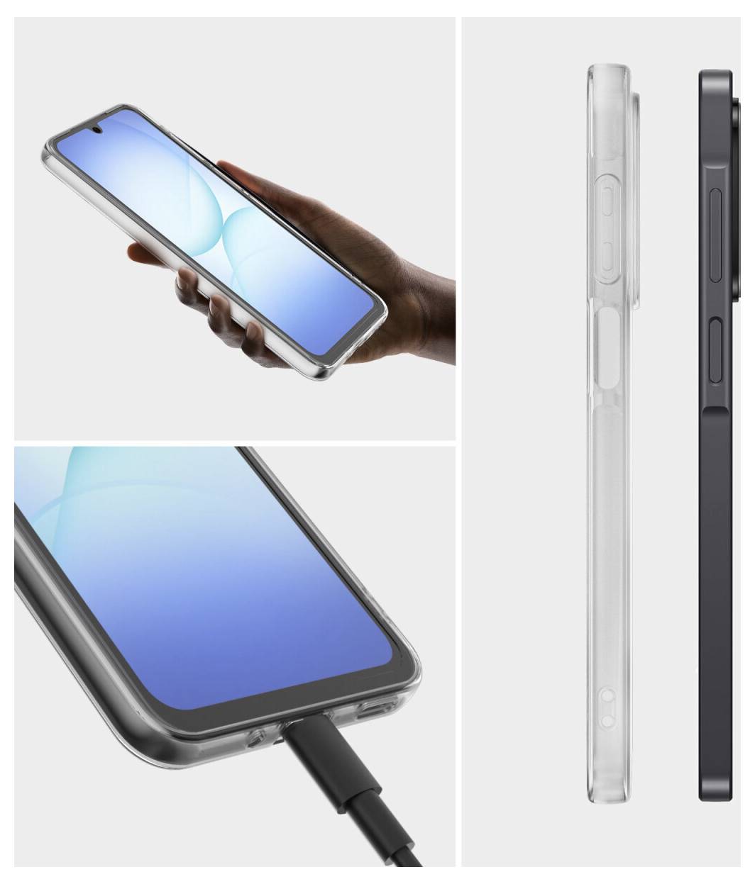 Drei Ansichten eines Smartphones in einer durchsichtigen Schutzhülle, gezeigt in der Hand, beim Laden von unten und in der Seitenansicht, die das schlanke Schutzdesign hervorhebt.