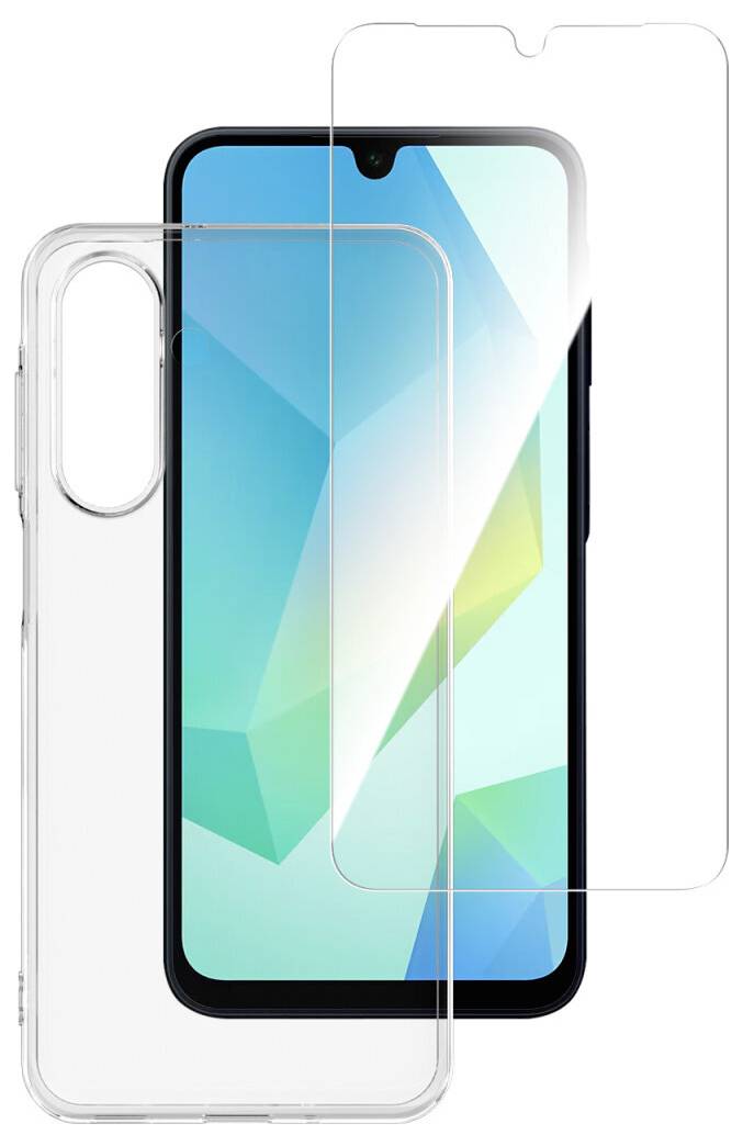 Smartphone mit transparenter Schutzhülle und klarer Displayschutzfolie, nebeneinander auf weißem Hintergrund abgebildet.