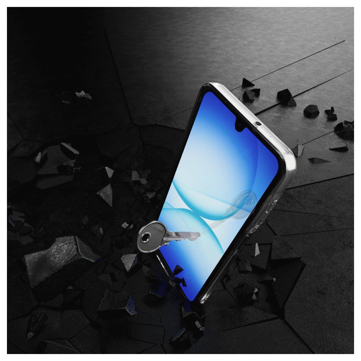Ein Smartphone, das durch eine dunkle Oberfläche bricht, mit einem eingefügten Schlüssel, symbolisierend Zugang oder Entsperrung.