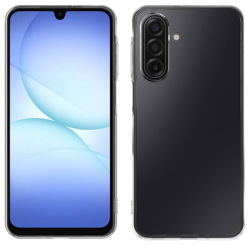 Vorder- und Rückseite eines schwarzen Smartphones mit Tropfen-Notch-Display und dreifacher Rückkamera.
