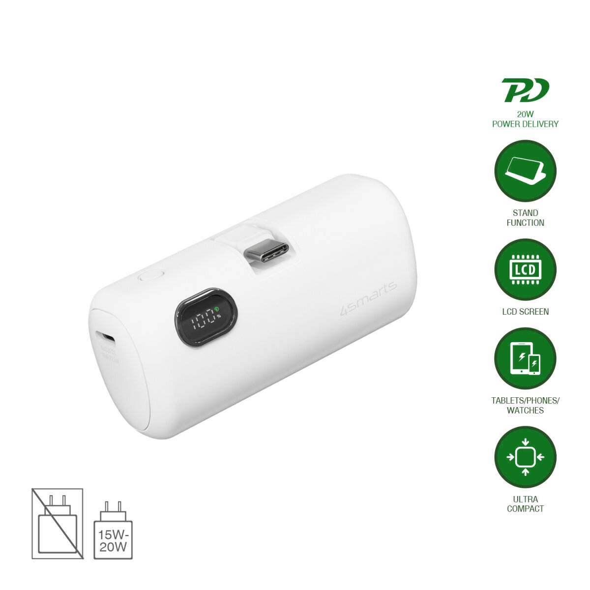 Weiße kompakte Powerbank mit LED-Display und Standfunktion; Seitensymbole heben 20-W-Stromabgabe, LCD-Bildschirm und Geräteladeverträglichkeit hervor.