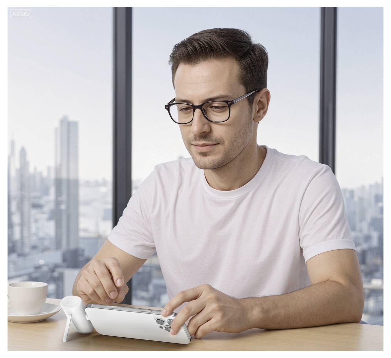 Mann mit Brille, der an einem Tisch neben einem Fenster ein kleines tragbares Gerät benutzt, mit einer Stadtsilhouette im Hintergrund.