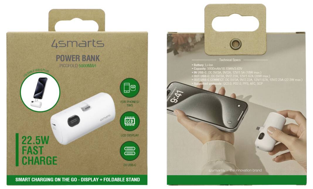 Paket für eine 4smarts Powerbank, das ein weißes klappbares Ständer-Ladegerät mit 22,5W Schnellladung zeigt und das Produkt in Gebrauch beim Laden eines Smartphones.
