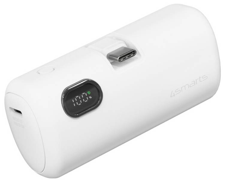 Weiße tragbare Powerbank mit digitaler Batteriezzeige, USB-C-Anschluss und 4smarts-Logo auf saubererem Hintergrund.