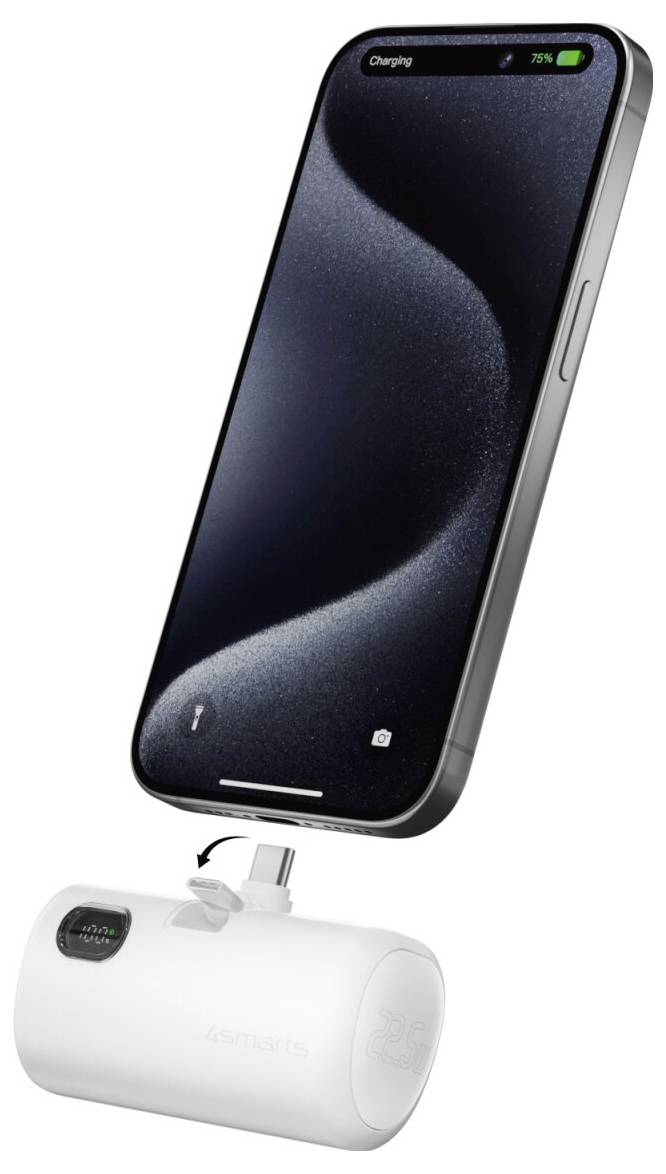 Smartphone wird kabellos auf einer weißen tragbaren Powerbank aufgeladen, dargestellt über dem Ladegerät mit einem Blitzsymbol auf dem Bildschirm.