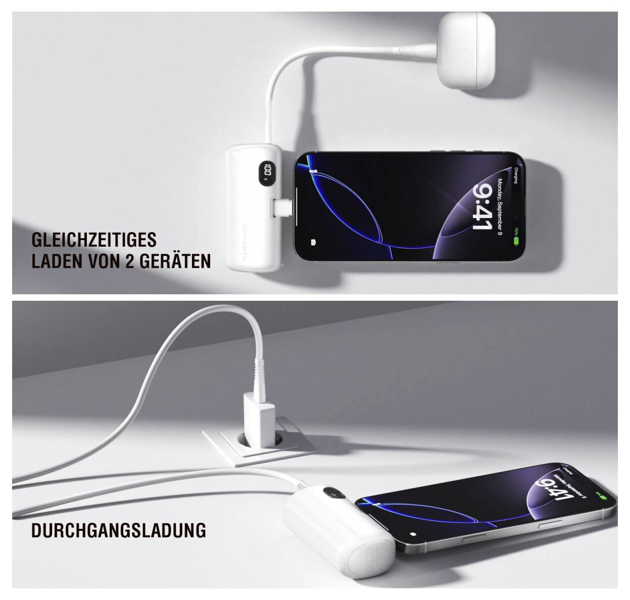 Zweiteiliges Produktbild, das ein weißes Ladegerät zeigt, das gleichzeitig ein Telefon und ein anderes Gerät lädt, und Durchlade-Funktionalität mit einem angeschlossenen Telefon, während das Ladegerät eingesteckt bleibt.