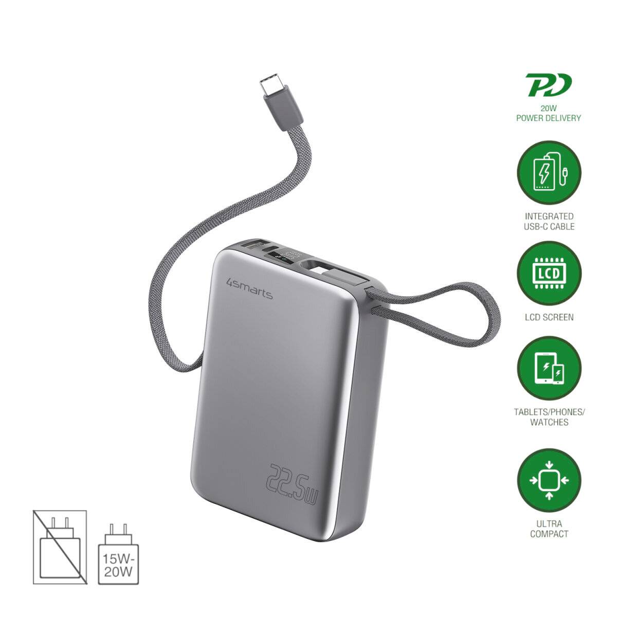 Grau 22,5W Powerbank mit integriertem USB-C-Kabel und LCD-Bildschirm; Symbole zeigen Power Delivery, Gerätelade-Kompatibilität und ultra-kompaktes Design.