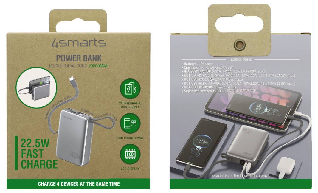 4smarts Powerbank-Verpackung von vorne und hinten gezeigt, mit Hervorhebung einer 20.000-mAh-Powerbank mit 22,5-W-Schnellladung und gleichzeitigem Laden von vier Geräten.