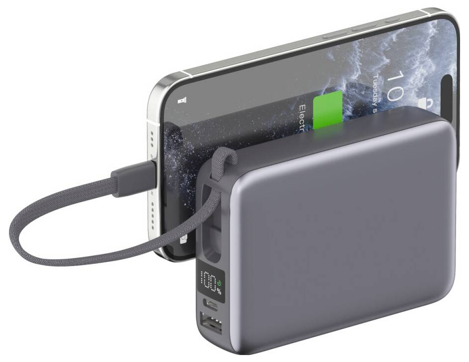 Tragbare Powerbank lädt ein Smartphone über Kabel auf, mit integrierten USB-Anschlüssen und Batterieanzeigeleuchten.
