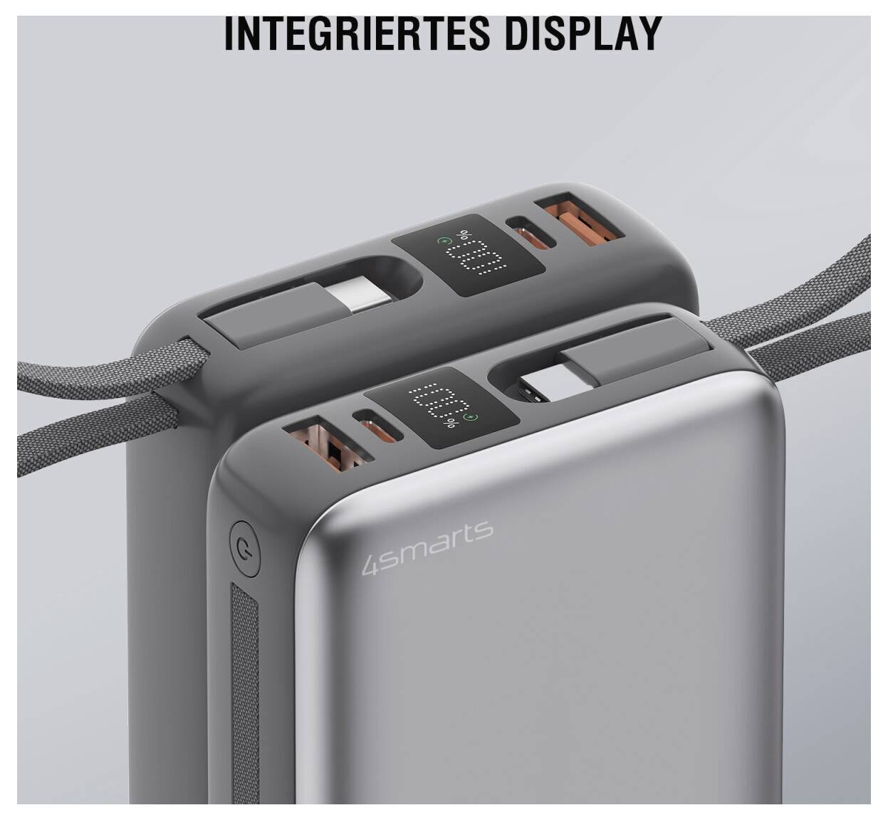 Zwei tragbare Powerbanks mit integriertem digitalen Display und integrierten Trageband-Schlaufen, die Batteriestandanzeigen auf der Oberseite zeigen.