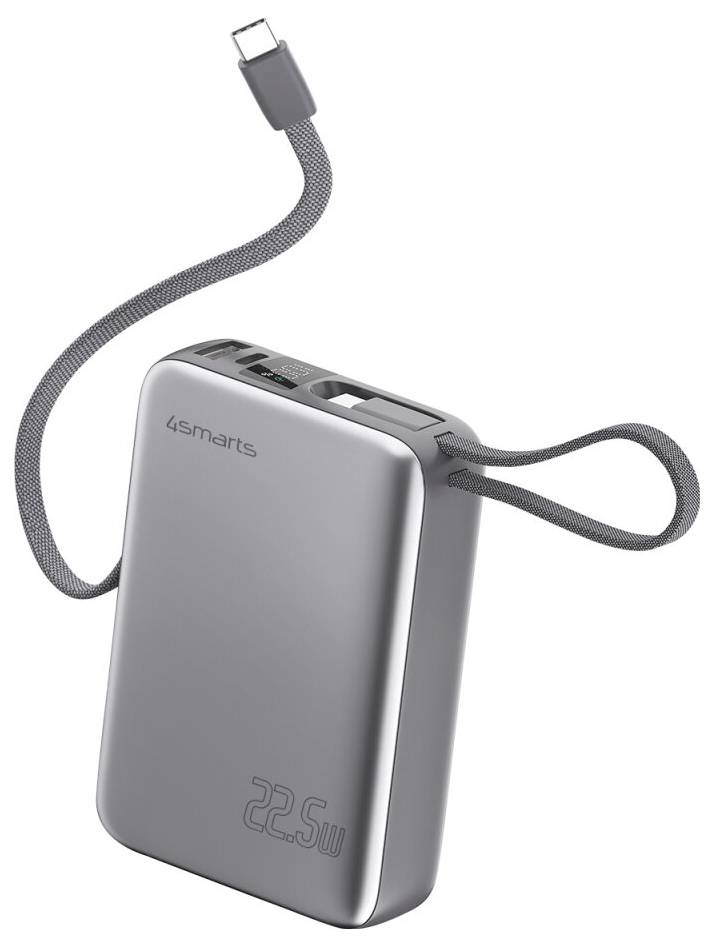Graue 4smarts Powerbank mit integriertem Kabel und USB-C-Anschluss, gezeigt auf weißem Hintergrund.