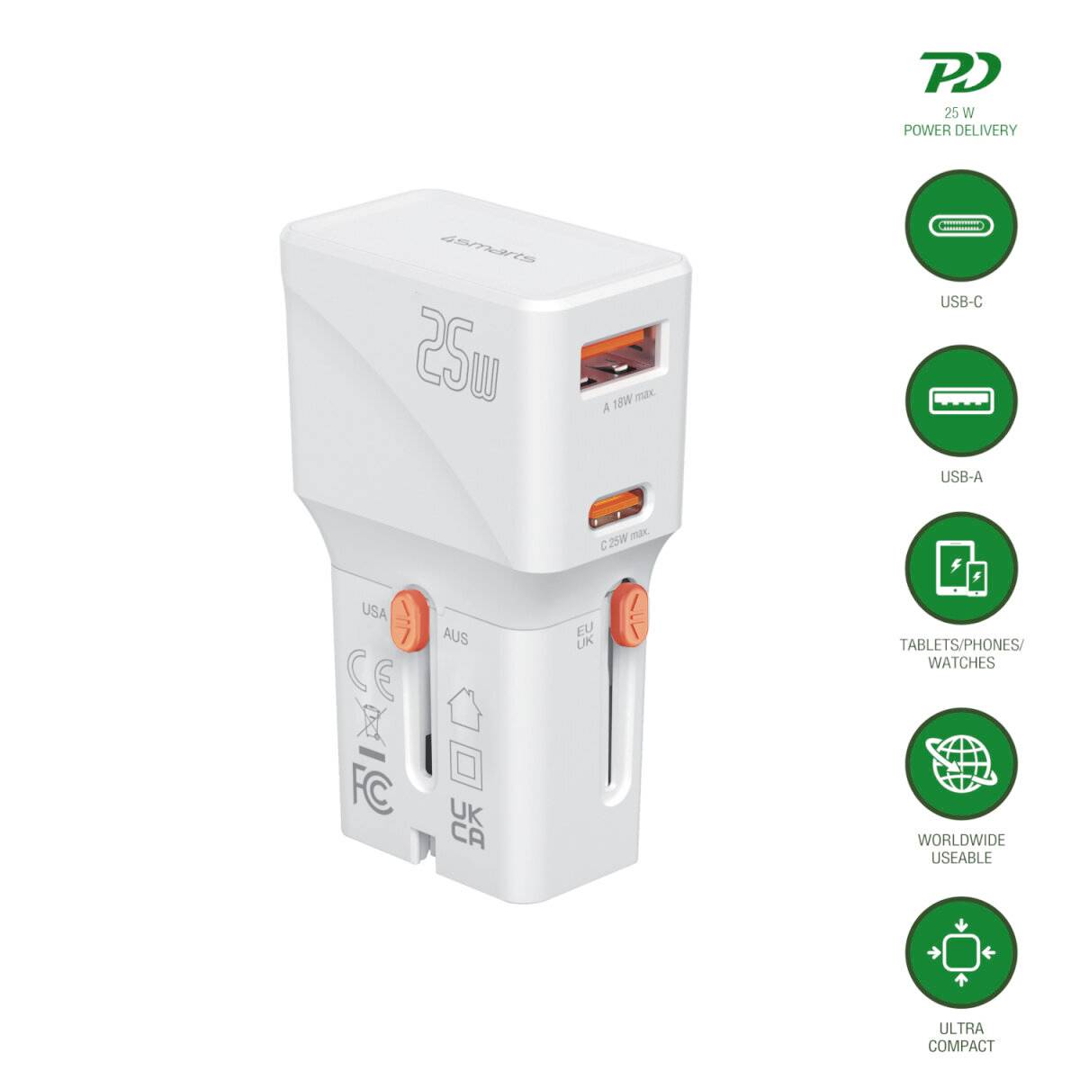 25-W-Stromversorgungsadapter für Reisen mit USB-C- und USB-A-Anschlüssen, weltweiter Einsatz und ultrakompaktes Design für Tablets, Telefone und Smartwatches.