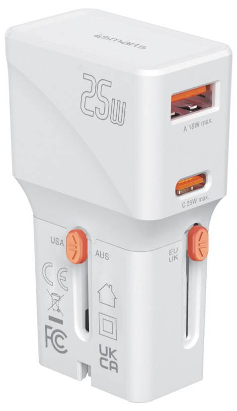 Weiß 25W universelles USB-Wandladegerät mit zwei Anschlüssen, USB-A und USB-C, und austauschbaren Steckeradaptern für US, AU und EU/UK.