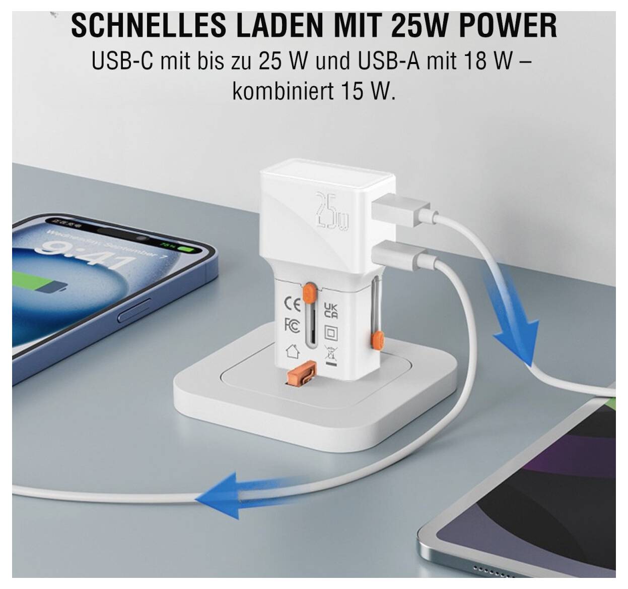 Anzeigenbild, das einen 25-W-Netzteil zeigt, der zwei Geräte gleichzeitig lädt; der Text lautet „SCHNELLES LADEN MIT 25W POWER" und „USB-C mit bis zu 25 W und USB-A mit 18 W – kombiniert 15 W."