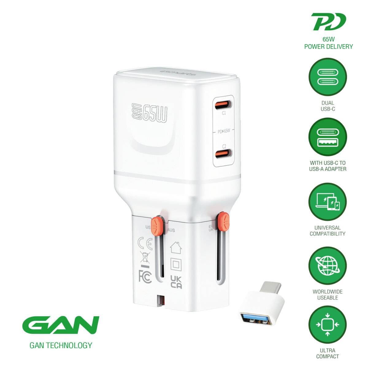 Weiß 65W GAN USB-C Wandladegerät mit zwei USB-C-Anschlüssen und klappbaren Stiften, gezeigt mit USB-C-Adapter; Feature-Icons listen duale USB-C, universelle Kompatibilität, weltweite Nutzung, ultra kompakt auf.