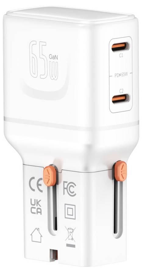 Weiß 65W GaN USB-C Wandladegerät mit zwei orange-akzentuierten Anschlüssen und zusammenklappbaren Steckerstiften.