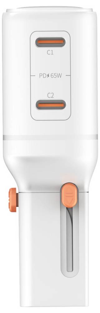 Weißer USB-C-Ladegerätadapter mit zwei orangefarbig akzentuierten Anschlüssen, die mit C1 und C2 gekennzeichnet sind, und „PD 65W" auf der Vorderseite gedruckt.