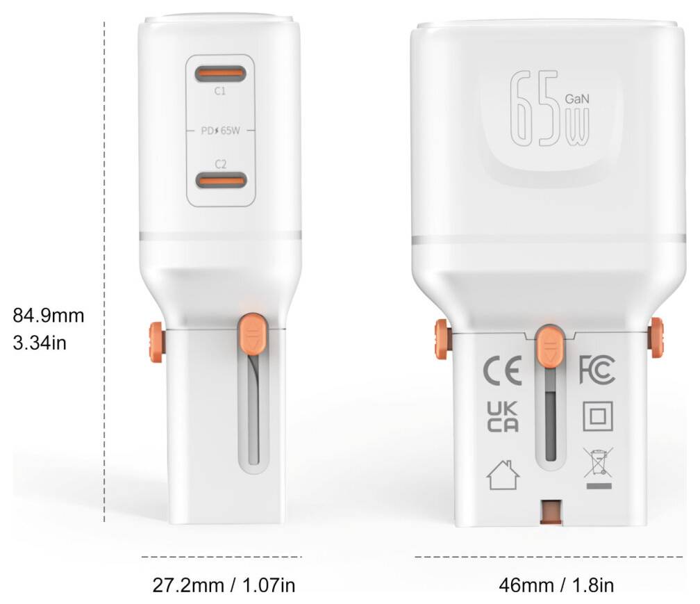 Produktdiagramm zeigt ein weißes 65W GaN USB-C Ladegerät mit zwei Anschlüssen und Abmessungen: 84,9 mm Höhe, 27,2 mm Breite Vorderseite, 46 mm Breite Seite.