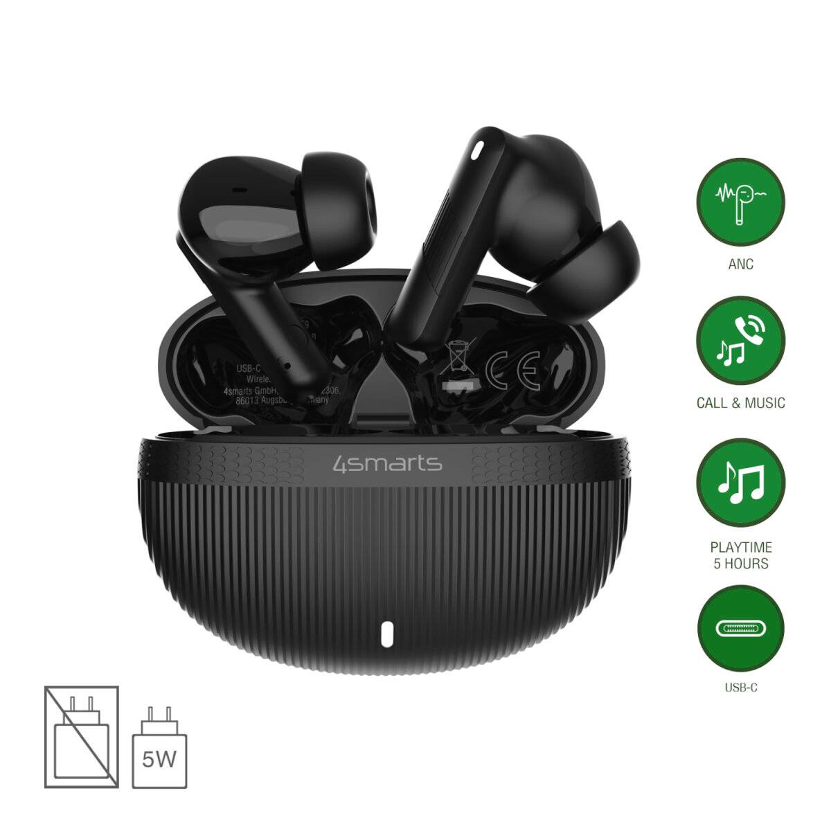Schwarze 4smarts kabellose Ohrhörer in Ladehülle mit Symbolen für ANC, Anrufe und Musik, 5 Stunden Spielzeit und USB-C-Laden.