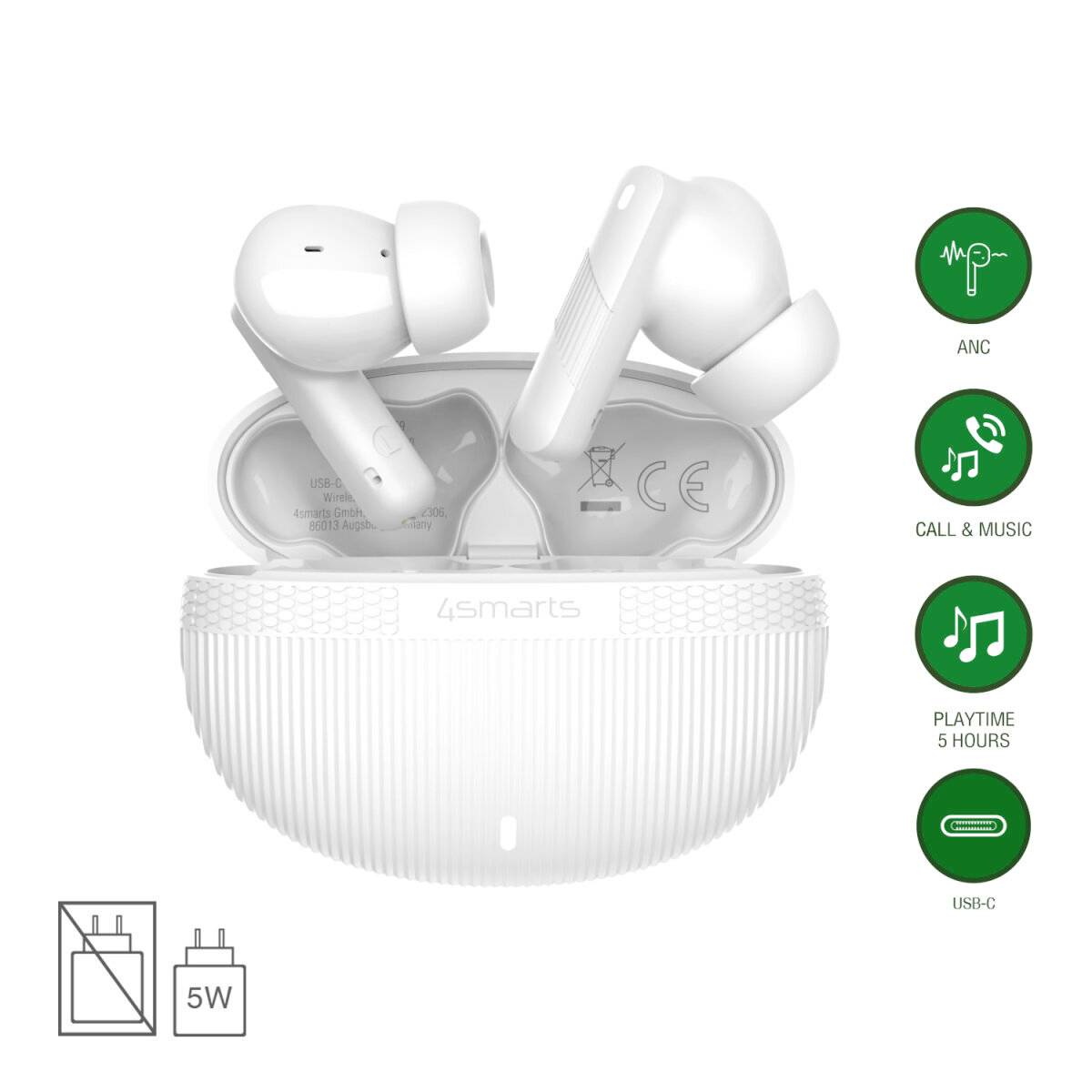 Weiße kabellose Kopfhörer in einem offenen Ladeetui, mit Symbolen für ANC, Anrufe und Musik, 5 Stunden Spielzeit und USB-C-Ladung.