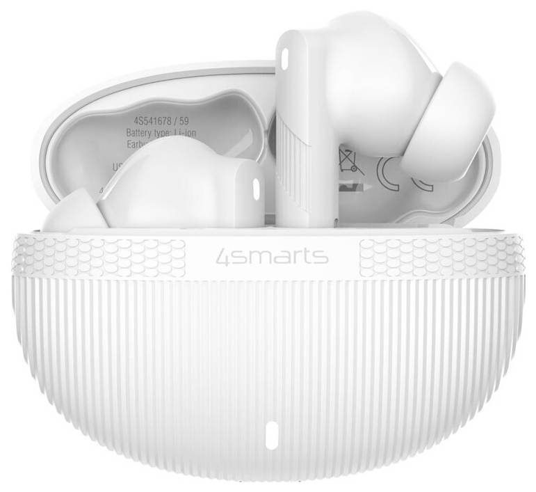 Weiße 4smarts kabellose Ohrhörer in einem offenen Ladecase mit angehobenem Deckel.