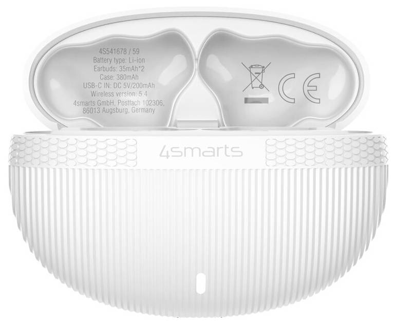 Weiße 4smarts kabellose Kopfhörer mit Ladekoffer mit offenem Deckel, zeigt gedruckte Batterie-/Spezifikationsetiketten und Compliance-Symbole im Inneren.