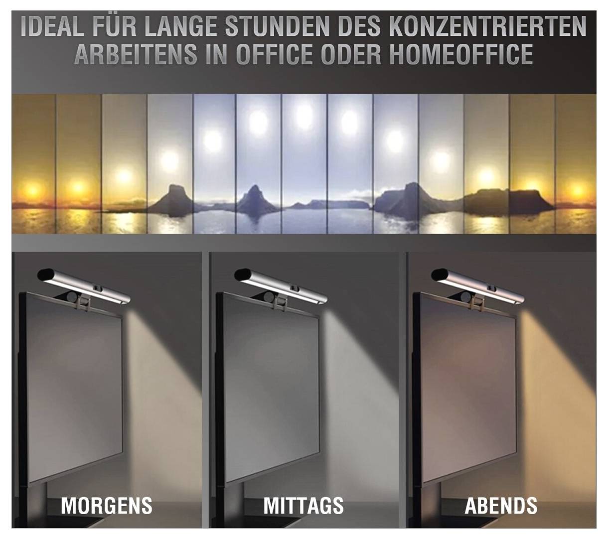 Infografik zeigt Beleuchtungseffekte für konzentrierte Arbeit zu Hause oder im Büro, mit Szenen bei Sonnenaufgang, Mittags und am Abend gekennzeichnet mit 'MORGENS', 'MITTAGS' und 'ABENDS'.