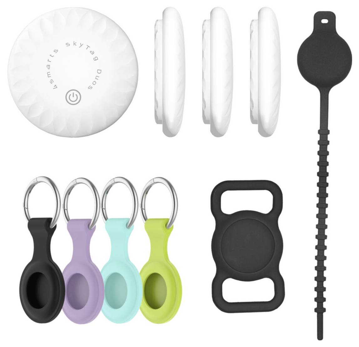 Produktcollage von Smart Squeeze Duo-Geräten: weiße runde Einheit mit Stromschalter-Symbol, Seitenansichten, schwarzer Zauberstab und bunte Schlüsselbund-ähnliche Silikonschlaufen-Befestigungen in Schwarz, Lila, Blau und Grün.
