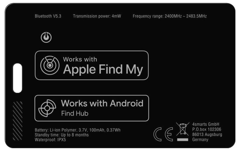 Schwarzes elektronisches Geräte-Etikett mit Auflistung von Bluetooth V5.3, 4mW Leistung, 2400MHz-2483.5MHz Bereich, „Funktioniert mit Apple Find My