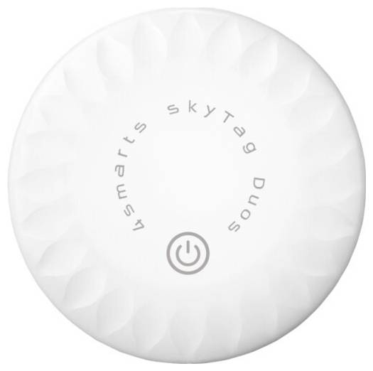 Weißer kreisförmiger Samsung SmartTag-Tracker mit zentriertem Netzschalter-Symbol und „SmartTag
