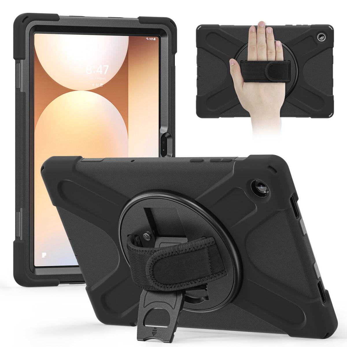 Robuste schwarze Tablet-Schutzhülle mit integriertem Handgriff und drehbarem Ständer, shown from Vorder-, Rückseite und in der Hand für Fallschutz und Griffigkeit.