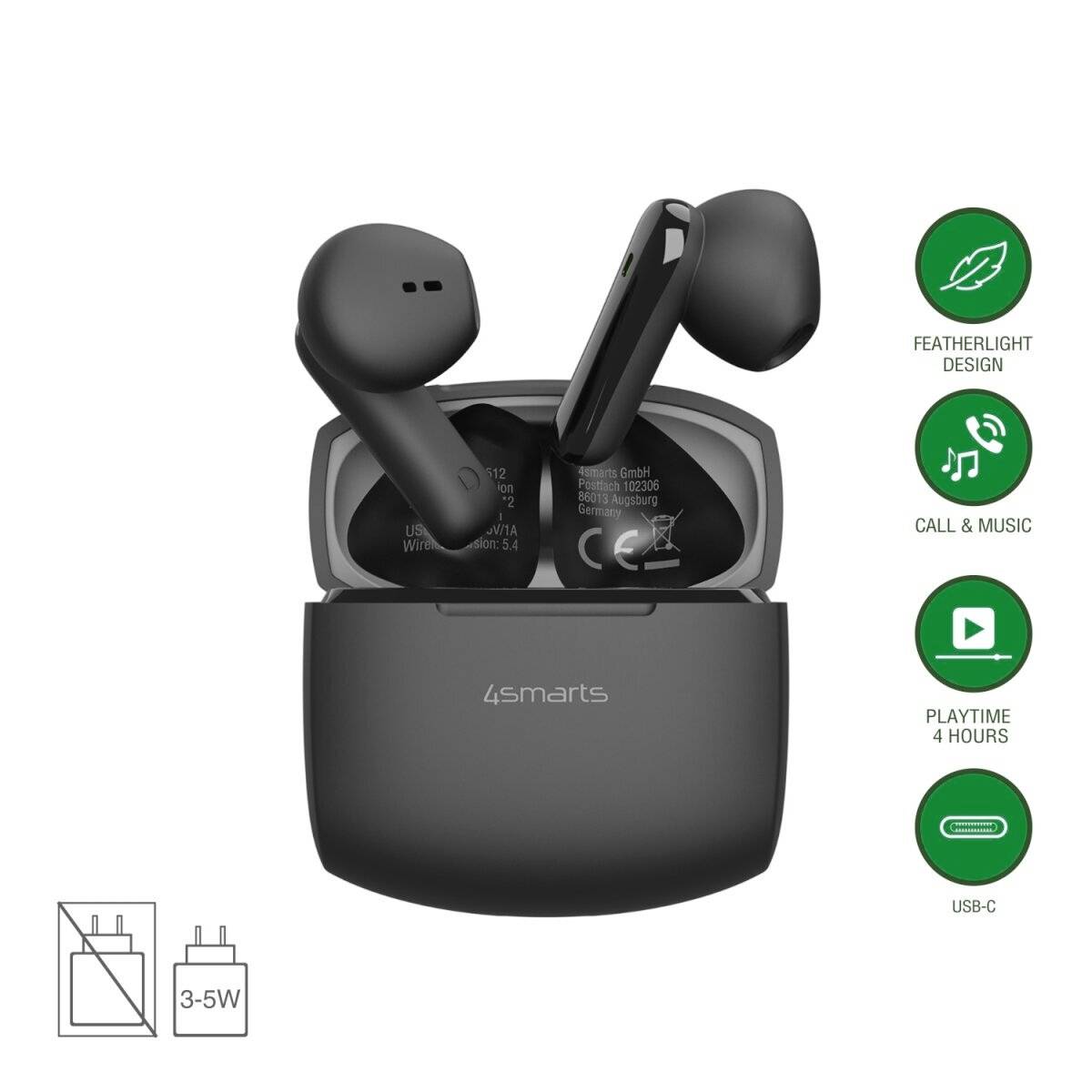 Schwarze 4smarts kabellose Ohrhörer in Ladeschale, mit Symbolen, die federleichtes Design, Anrufe und Musik, 4 Stunden Spielzeit und USB-C-Laden zeigen.