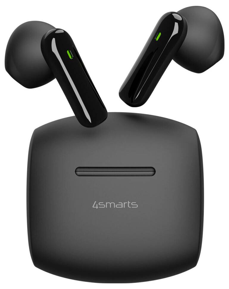 Schwarze kabellose Ohrhörer mit Ladeetui mit der Aufschrift „4smarts