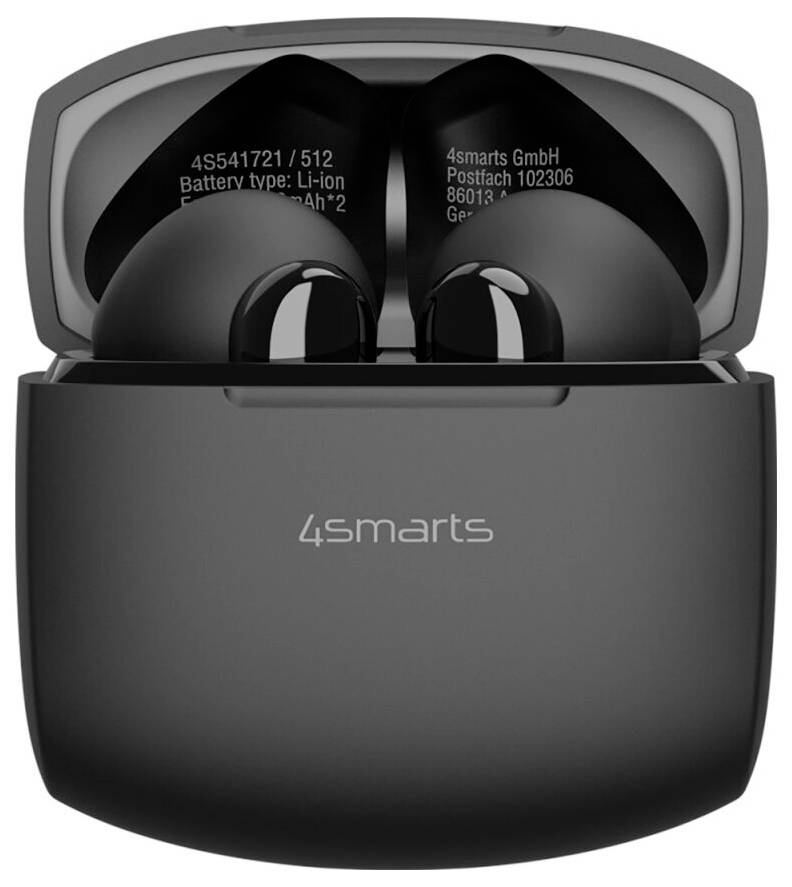 Offene Ladehülle mit zwei schwarzen kabellosen Ohrhörern der Marke "4smarts", die die Batterie und den Herstellertext im Deckel zeigen.