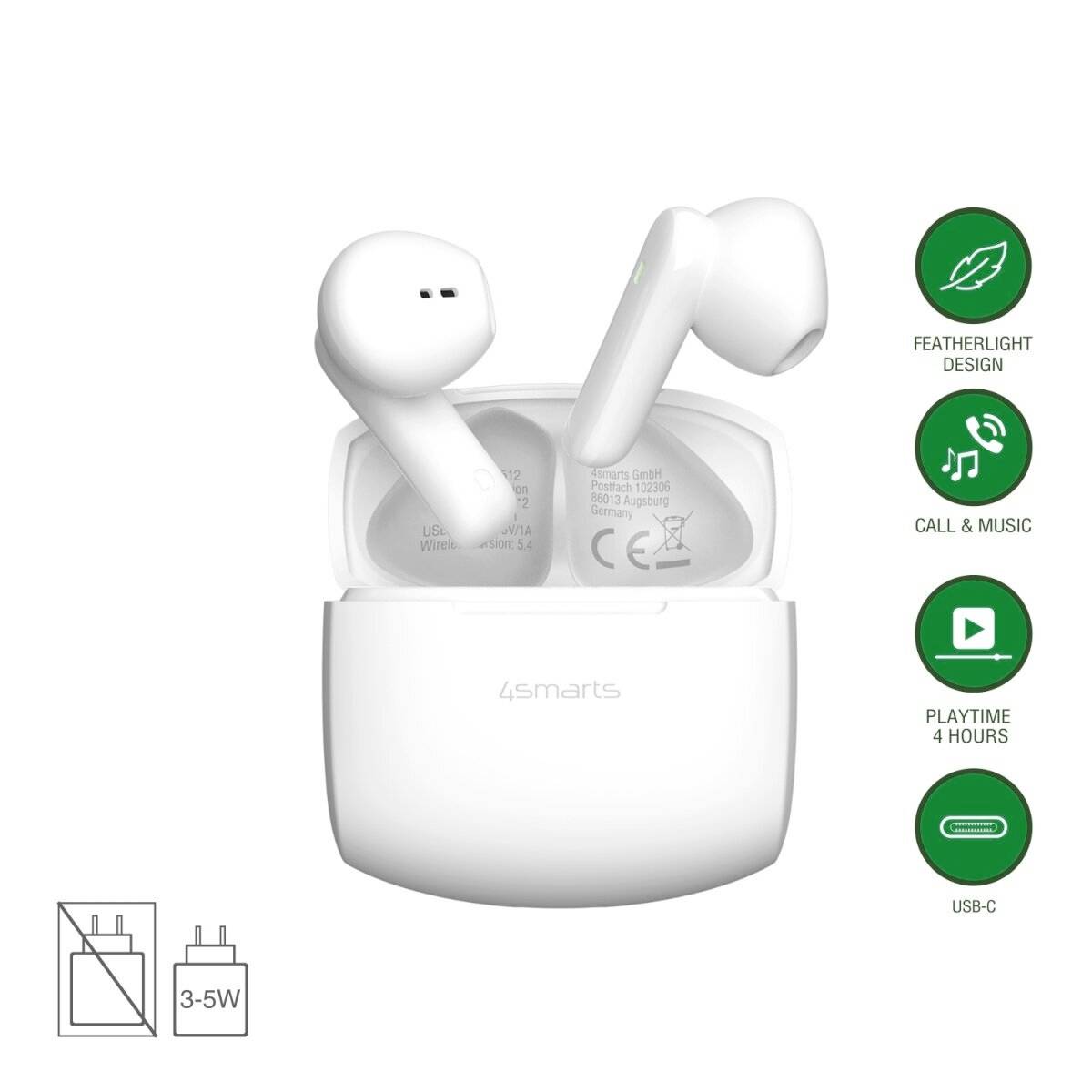 Weiße 4smarts Wireless-Ohrhörer in einem Ladegehäuse, gezeigt mit Funktionssymbolen für federleichtes Design, Anrufe und Musik, 4 Stunden Spielzeit und USB-C-Aufladung.
