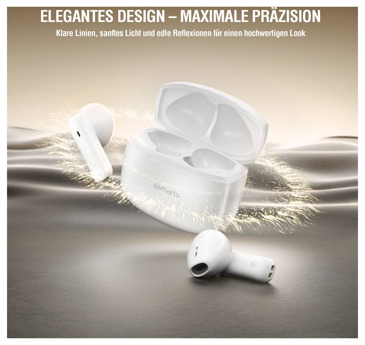 Werbeabbildung von weißen kabellosen Ohrhörern und Ladeetui mit funkenähnlichen Lichteffekten; deutscher Text bewirbt „elegantes Design" und „maximale Präzision".