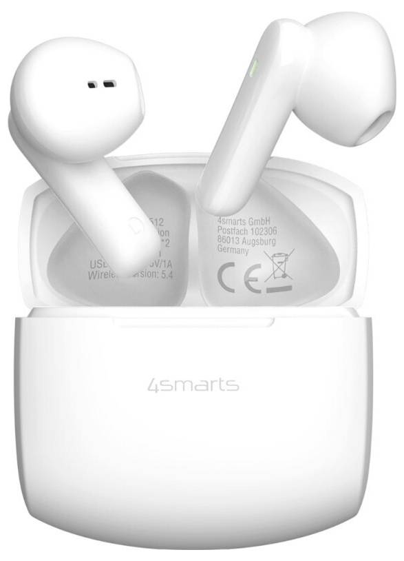 Weiße kabellose Ohrhörer in einer offenen Ladestation, Vorderansicht mit dem Logo "4smarts".