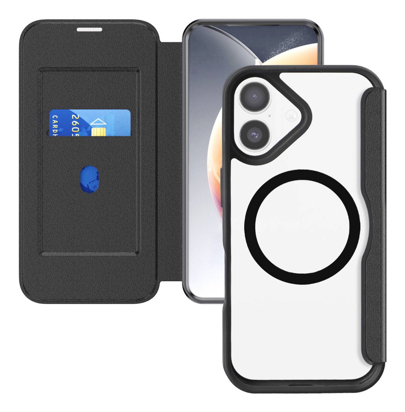 Schwarze Folio-Handyhülle mit Kartenfach und magnetischem Verschluss, aufgeklappt mit einem Smartphone darauf; weiß-schwarze MagSafe-ähnliche Hülle auf der Vorderseite.