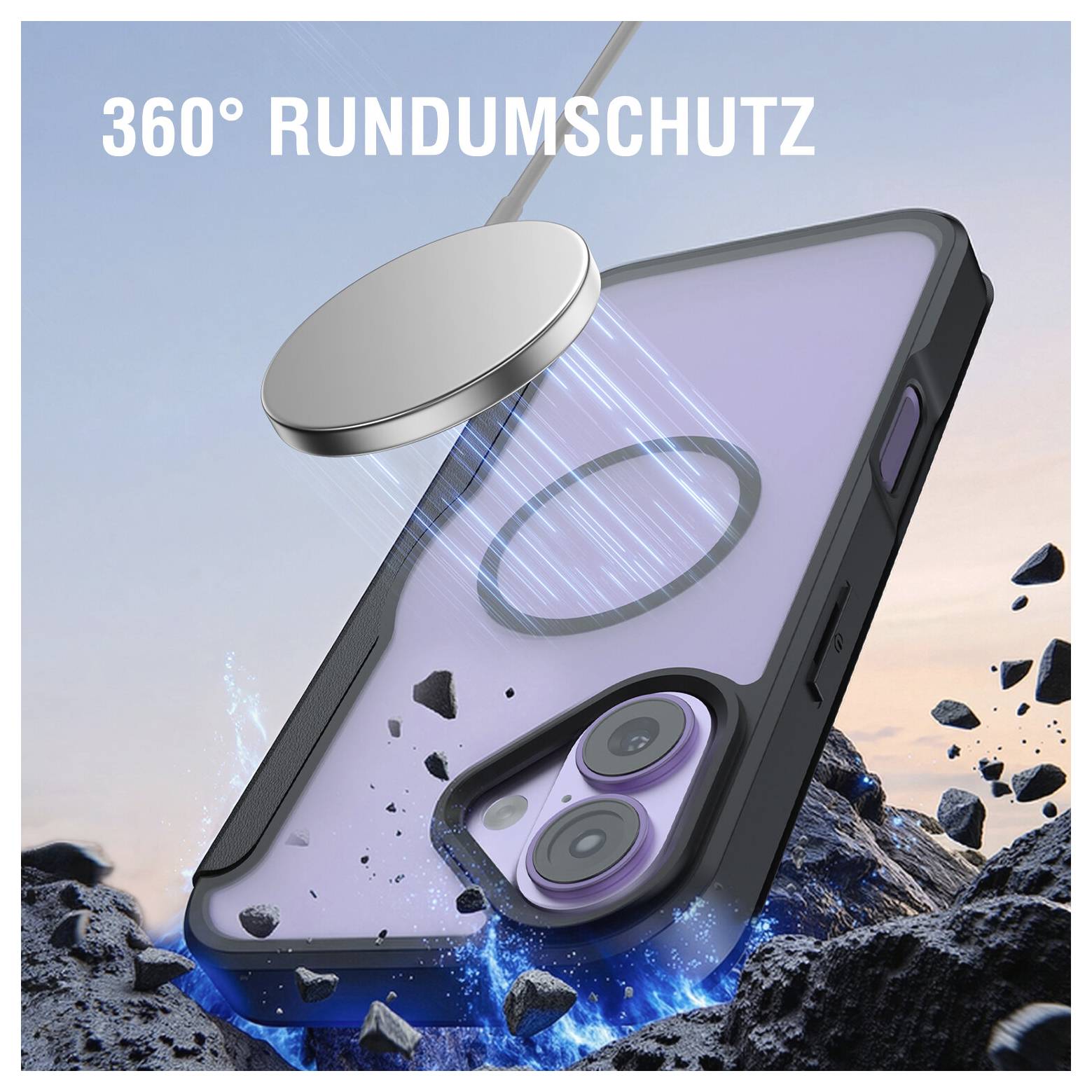 Werbebild einer Smartphone-Schutzhülle mit einem magnetischen Ladegerät oder Schutzvorrichtung, das darüber schwebt, mit dem Text "360° RUNDUMSCHUTZ", das Vollumfassenden Schutz zeigt.