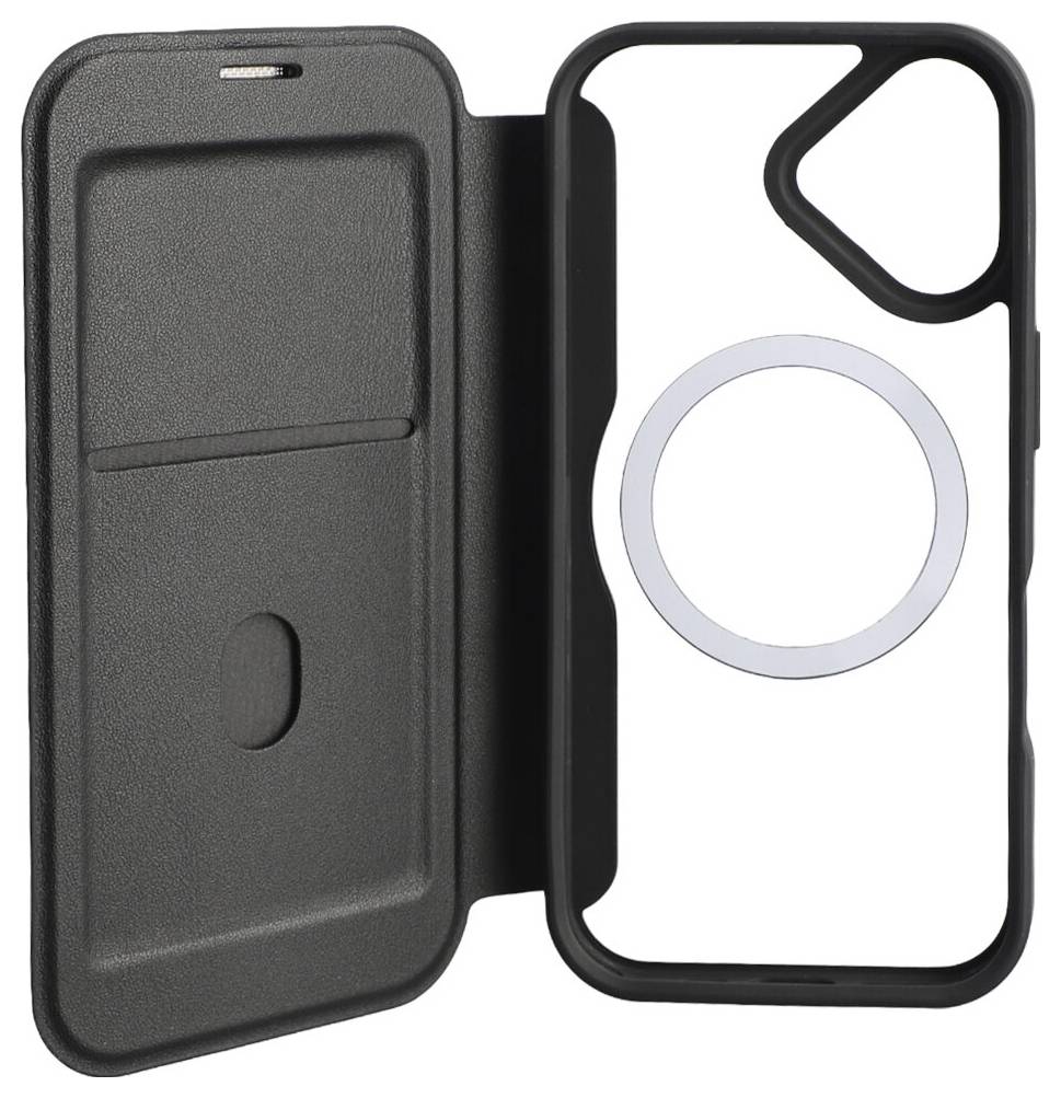 Schwarze Folio-Handyhülle mit Kartenfach und Kameraringausschnitt, geöffnet dargestellt mit sichtbarem vorderen Umschlag und hinterer Schale.
