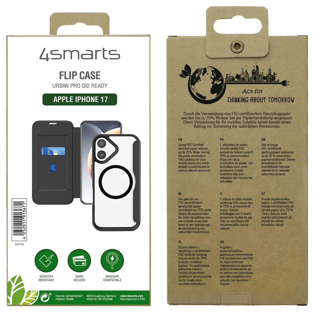 Verpackung für ein 4smarts Flip Case für Apple iPhone 17, das das schwarze Case, die Telefonpassform und Funktionen wie Kratzfestigkeit, Kartenfach und MagSafe-Kompatibilität zeigt.