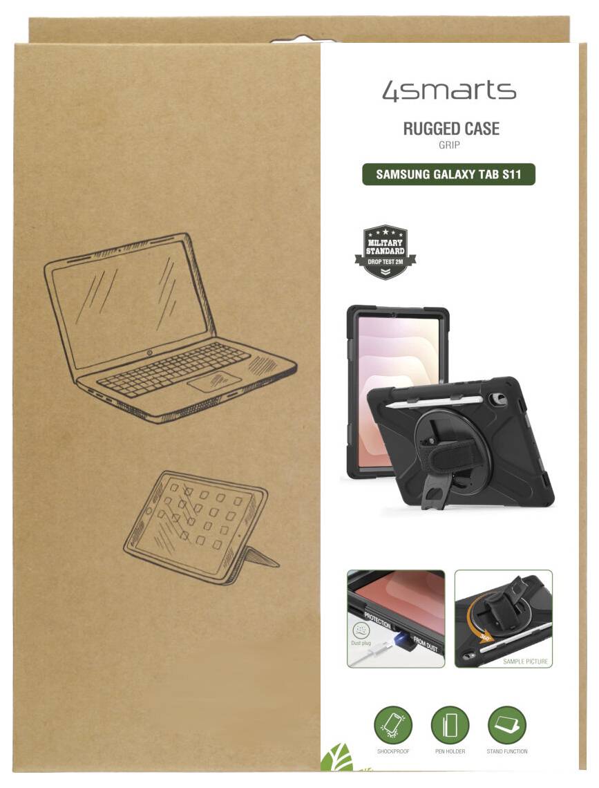 Verpackung für 4smarts Rugged Case Grip für Samsung Galaxy Tab S11, zeigt ein Tablet-Gehäuse mit drehbarem Ständer und Grip-Halterung.