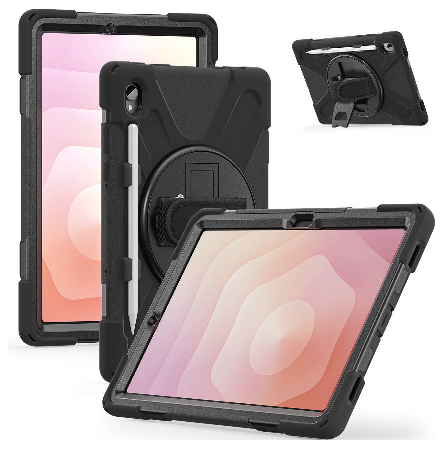Robustes schwarzes Tablet-Etui mit integriertem Handgriff und Ständer, von vorne, hinten und von der Seite auf einem Tablet mit rosa Bildschirm dargestellt.