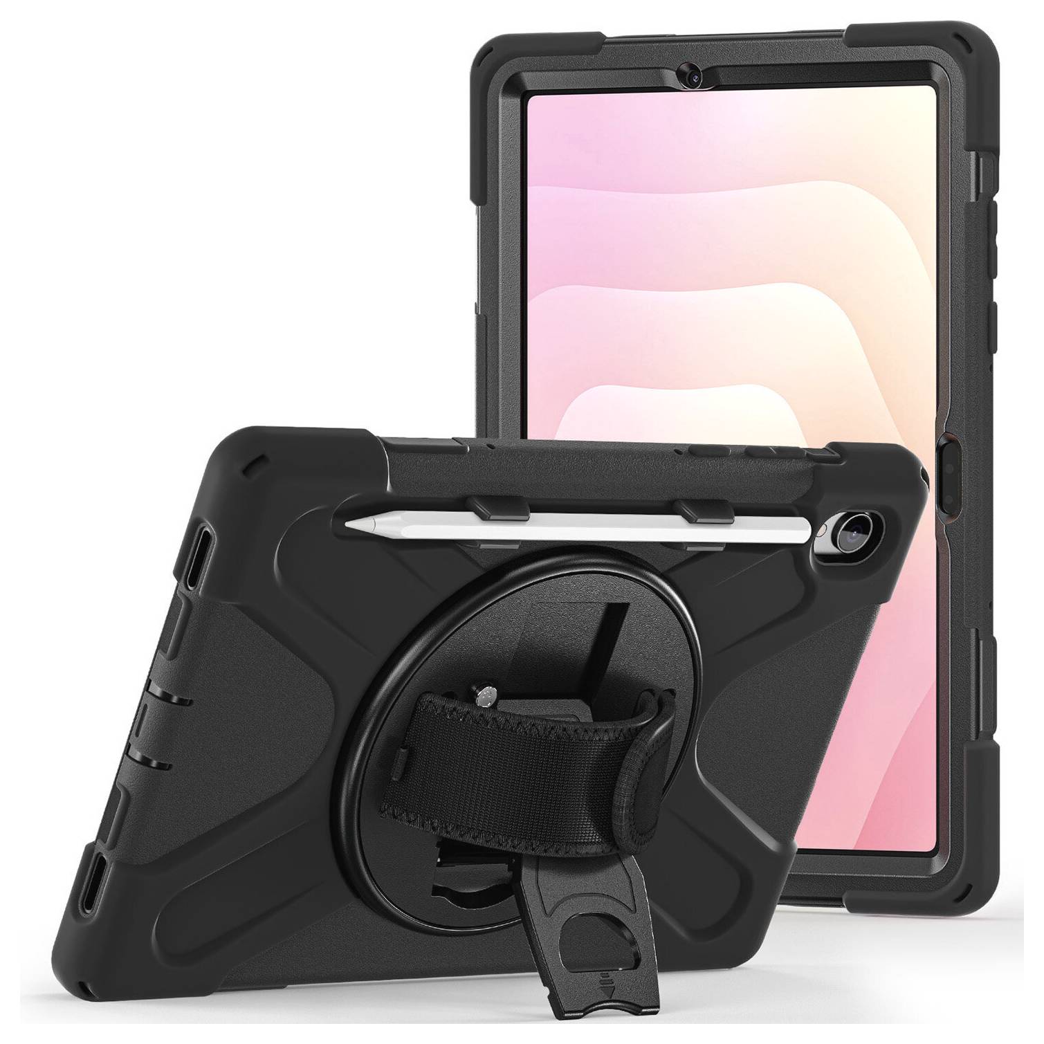 Zwei schwarze robuste Tablet-Schutzhüllen, eine aufrecht stehend und eine mit Handschlaufe und Ständer, mit einem Eingabestift oben angebracht.